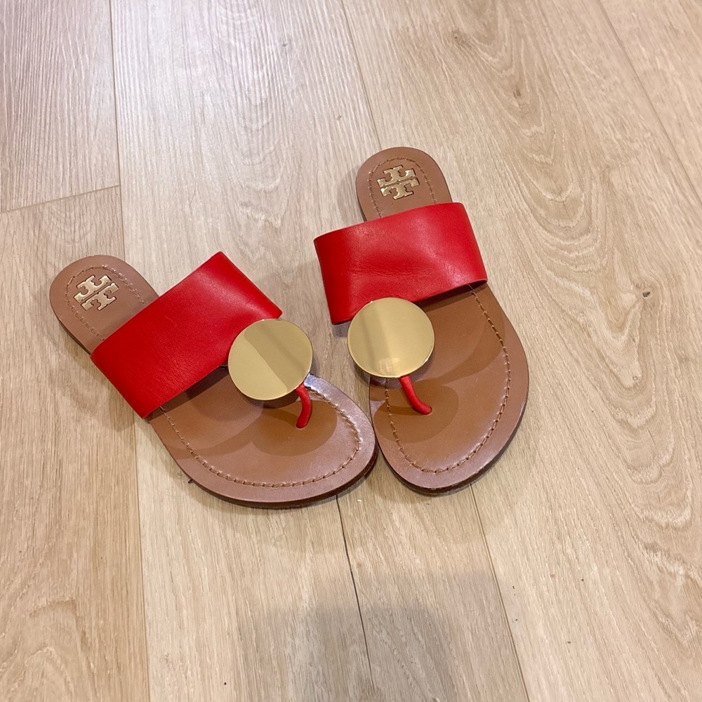 Tory Burch Red Slides with Gold Disc - Picture 2 of 6